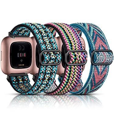 Imagem de Maledan Pacote com 3 Pulseiras Elásticas Compatíveis com Fitbit Versa/Versa Lite/Versa 2, Pulseiras de Nylon Elástico Ajustável, Verde Boho, Seta Verde/Colorida