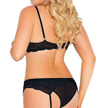 Imagem de Elegant Moments Women's Plus-Size Queen Size Cupless Lace Bra Garter Belt and Thong Set, Black, 42