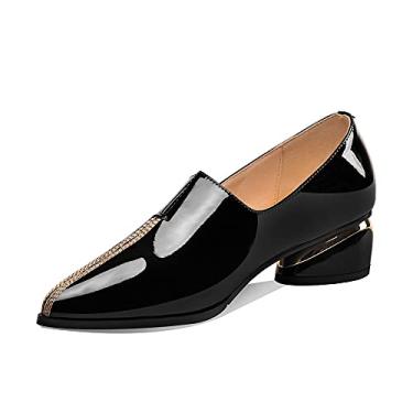 Imagem de TinaCus Sapato feminino de couro envernizado bico fino costura feita à mão salto baixo grosso sapato mocassim elegante, Preto, 9