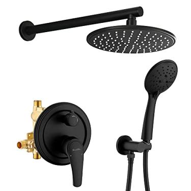 Imagem de Conjunto de torneira de chuveiro Shamanda, sistema de chuveiro montado na parede com chuveiro de chuva de 23 cm de alta pressão e cabeça de chuveiro portátil com 5 ajustes (válvula de pressão arredondada e acabamento incluído), preto fosco, L01-7