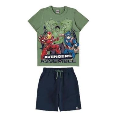 Imagem de Conjunto Avengers Assemble Malwee Camiseta Bermuda Moletinho Vingadores América Homem de Ferro Azul-Masculino