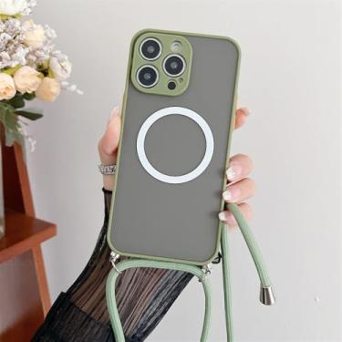 Imagem de Capa de mudança magnética sem fio transparente fosca para iPhone 15 14 Pro Max 11 12 13 Mini 7 8Plus Capa de cordão de colar, verde exército, para iPhone 12 ProMax