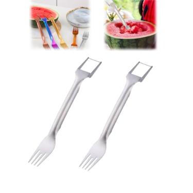 Imagem de Faca de frutas de aço inoxidável 2 em 1, novo fatiador de frutas 2024, ferramenta de fatiador de melancia, garfo de melancia portátil para escritório, cozinha, restaurante, bar, ao ar livre /1571