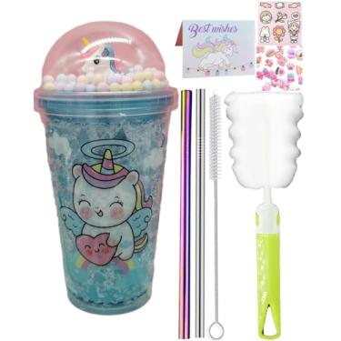 Imagem de seelucky Copo de viagem de unicórnio com canudo brilhante copo de gelo freezer caneca copo de plástico piquenique festa presente de aniversário (ângulo unicórnio azul 1, 450 ml)