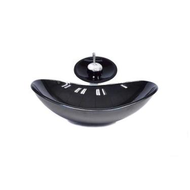 Imagem de Cuba De Vidro Oval 55Cm Preta + Valvula + Torneira Cascata - Cubas E G