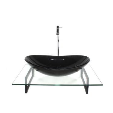 Imagem de Kit cuba de vidro oval grafite com tampo 60cm incolor e suporte tornei