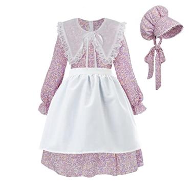 Imagem de LTAKK Vestidos de pradaria para meninas fantasia colonial pioneira vestido de peregrina com xale, avental e boné, violeta, 2GG