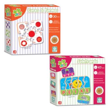 Imagem de Jogos Educativos Didaticos Crianças 3 Anos Cores e Formas e Soletrando Em Madeira - NIG