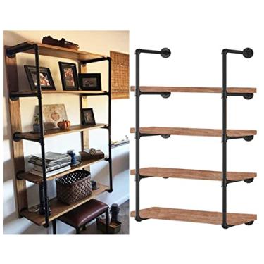 Imagem de Prateleiras de tubo de ferro para montagem em parede industrial, suporte de prateleira, preto, vintage, retrô, prateleira pendurada, faça você mesmo, prateleira de livros aberta para cozinha (2 peças