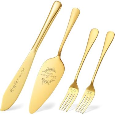 Imagem de VARLKA Conjunto de faca e servidor de bolo de casamento, conjunto de corte de bolo dourado para casamento, chá de panela, presentes de noivado para casais