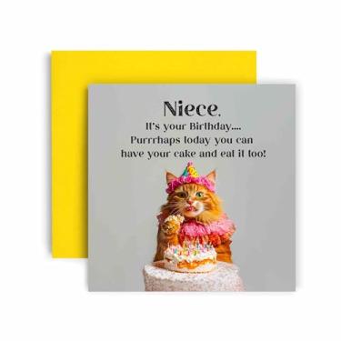 Imagem de Huxters Cartão de feliz aniversário sobrinha engraçada - Cat Purrhaps have Cake and Eat it too - Vale-presente para seu cartão para sobrinha - 14,8 cm (sobrinha)