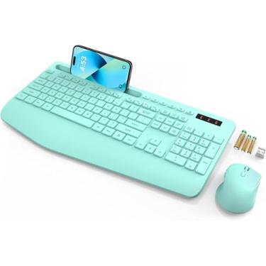 Imagem de SABLUTE Teclado e mouse sem fio, descanso de pulso, suporte de telefone, baterias incluídas, combinação de teclado ergonômico sem atraso de 2,4 G, conjunto de teclado silencioso sem fio para PC,