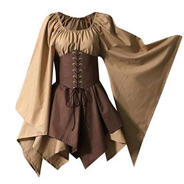 Imagem de Fantasia medieval renascentista feminina saia espartilho saia saia saia arqueiro elfo vestido irlandês sobre vestido 2 peças (GG, cáqui)