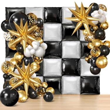 Imagem de Black and White Checkered Square Foil Balloon Wall White Black and Metallic Gold Balloons Garland Arch Kit Exploding Star Balloons Double Sided Flat Square Foil Balloons Backdrop (BlackWhiteGold)