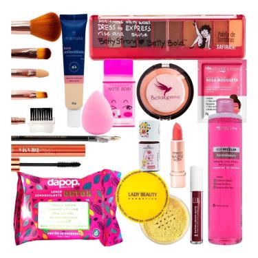 Imagem de Kit De Maquiagem Cesta Mdf Batom Base Pó Compacto Pele Clara