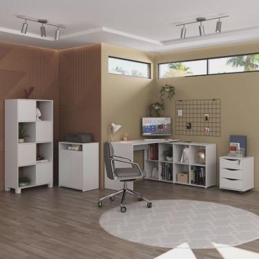 Imagem de Kit Completo 4 Itens com Escrivaninha em l, Gaveteiro, Estante e Armário Multiuso Baixo