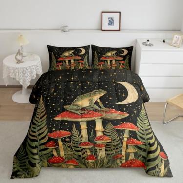 Imagem de Feelyou Jogo de cama solteiro com sapo, vintage, sapo, cogumelo, cogumelo, fofo, respirável, estrela e lua, conjunto de edredom kawaii