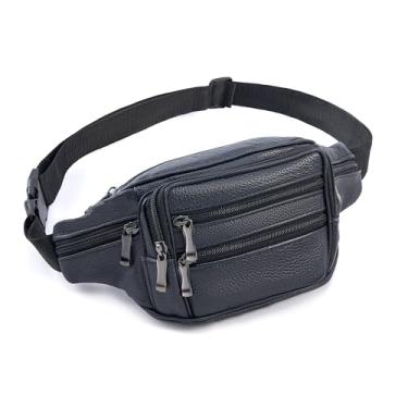 Imagem de Pochete de couro para mulheres e homens, bolsa de cintura resistente à água com couro bovino genuíno, bolsa de cinto de couro ajustável com zíper fácil, vários compartimentos, grande capacidade, Preto