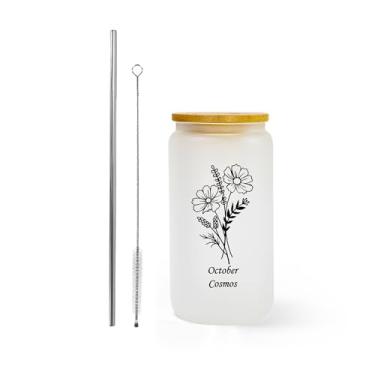 Imagem de AGH Presentes lata de vidro fosco para homens e mulheres, copo de vidro de 473 ml com tampas Banboo e canudo, copo de vidro cosmos de outubro para Ice Coffe Smoothie Whiskey Boba Soda Tea.1 pacote com