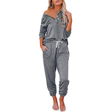 Imagem de AUTOMET Conjunto de pijama feminino de 2 peças para outono e loungewear com calça de moletom, Cinza escuro, XGG