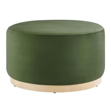 Imagem de Modway Tilden Otomano estofado de veludo redondo de 73 cm em verde musgo natural – Mesa de centro otomana redonda para sala de estar – Grande descanso de pé otomano com base de madeira de seringueira