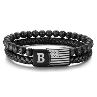 Imagem de Pulseira de couro inicial para homens presentes: Pulseira masculina bandeira americana preta lava rock trançado letra pulseira para dia dos namorados aniversário natal joia masculina presente para ele