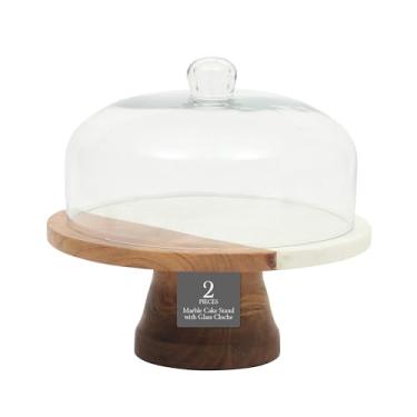 Imagem de Gibson Elite Ridgehaven Suporte de bolo de mármore e madeira de 25,4 cm, prato de servir, tábua de charcutaria e peça central para decoração de casa com tampa de vidro