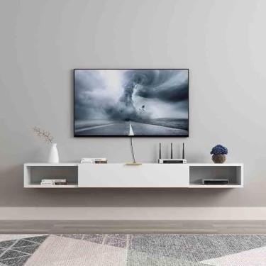 Imagem de Armário De Tv Montado Na Parede Console De Mídia Com Prateleira De Armazenamento Console De Mídia Flutuante Com Porta De Aba Prateleira De Tv Flutuante Mesa De, White, 120x20x18.2cm