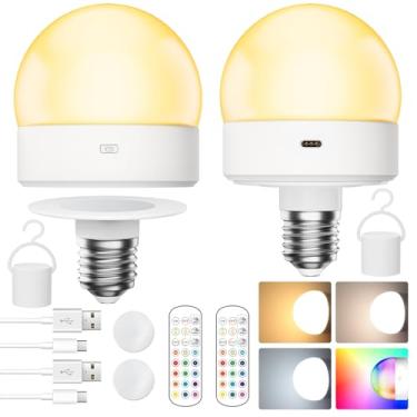 Imagem de Lâmpada recarregável E26 com controle remoto e temporizador, lâmpada reserva de bateria de 4000 mAh para arandelas e lâmpadas, 3 temperaturas de cor + 12 cores RGB, regulável, lâmpadas magnéticas para