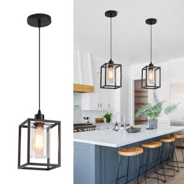 Imagem de AOJUNSANSAN Luzes pendentes pretas para lanterna industrial de ilha de cozinha com sombra de vidro transparente, iluminação pendente suspensa de altura ajustável para casa de fazenda