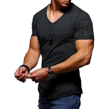Imagem de Camisetas Masculinas Camiseta De Ginástica Homem Gola V De Manga Curta Tops Tees Camiseta Masculina Camisetas De Manga Curta Fitness Para Homens, B, L