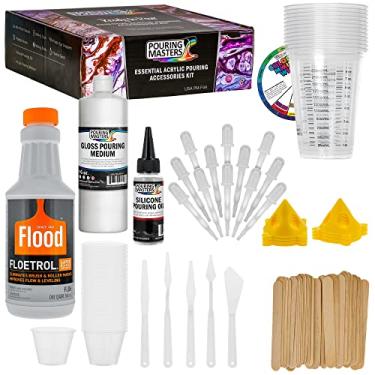 Imagem de U.S. Art Supply Kit de tinta aditiva para floetrol de 1 litro para mistura, epóxi, resina – óleo de silicone, copos de plástico de 1 e 300 ml, mini suportes de pintura, bastões, facas de palete