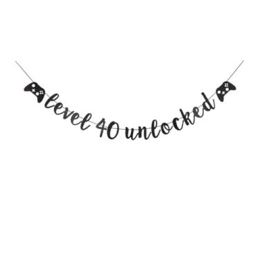 Imagem de SNFHWL Banner desbloqueado nível 40, placa de festa de aniversário com tema de jogos, bandeira de festa de 40 anos de jogador, guirlandas de decoração de festa de videogame, adereços pretos