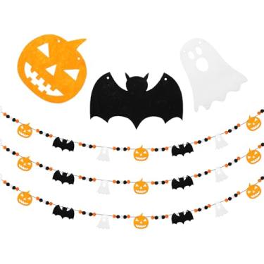 Imagem de Lounsweer 3 peças guirlanda de Halloween total 2,5 m faixa de feltro abóbora fantasmas morcego pompom guirlandas com bolas de pompom branco laranja preto para lareira de cornija janelas interiores