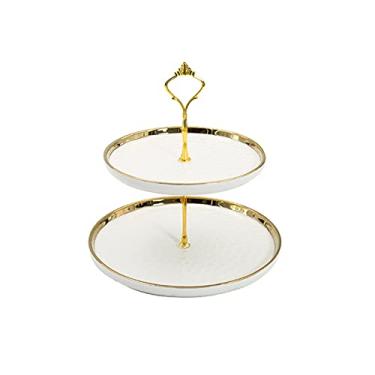 Imagem de Suporte de bolo de cerâmica de duas camadas, suporte criativo para exibição de bolo, mesa de sobremesa, design removível, suporte multiuso de frutas, suporte de sobremesa, suportes de sobremesa