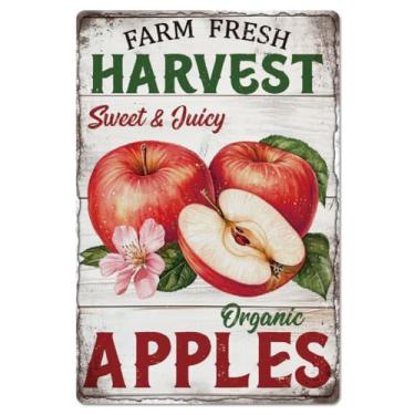 Imagem de GLOBLELAND Placa de estanho "Farm Fresh Harvest" com maçãs, placa de metal em lata, placa vintage de frutas, 30 x 20 cm, decoração de parede, placas de lata para decoração de casa, bar, cafeteria