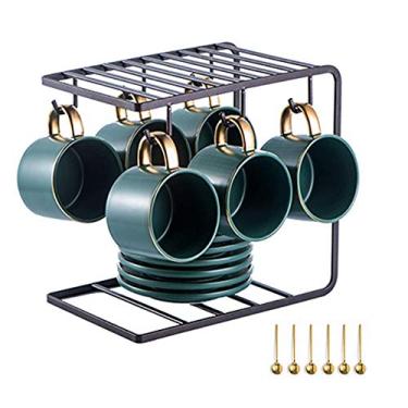 Imagem de Conjunto de 6 xícaras e pires de cerâmica simples com colher e chávenas de café extravagantes com rack de arte de ferro de metal para chá ou café
