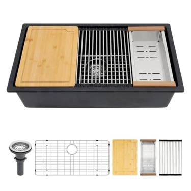 Imagem de Couoko Pia de cozinha de granito preto de 76,2 cm x 48 cm x 25,4 cm com borda de quartzo, tigela única embaixo do balcão, pias clássicas grandes profundas, 76 cm x 48 cm x 25 cm