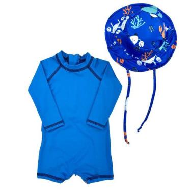 Imagem de Macaquinho Bebê Proteção Solar Uv 50+ Chapéu Praia Infantil - Fofotinh