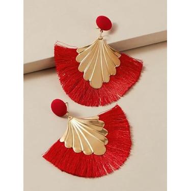 Imagem de Brincos de borla boêmia vermelha com pingente de franja em leque, brincos vintage, aniversário, dia dos namorados