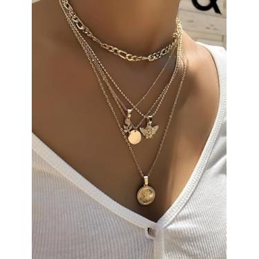 Imagem de Colar com pingente de disco rosa anjo, 3 peças, banhado a ouro, corrente de clavícula, punk, colar fashion, boêmia, verão, praia, acessórios, joias, festa, dia das mães, presente para mulheres amigas