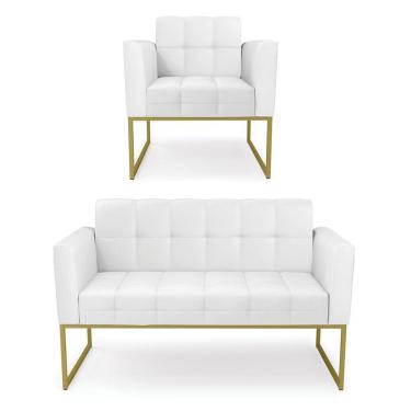 Imagem de Kit 1 Sofá Namoradeira E 1 Poltrona Elisa Corino Branco Base Metálica Industrial Dourado - D'rossi