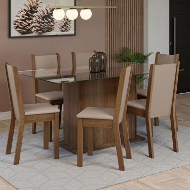 Imagem de Conjunto Sala De Jantar Mesa Tampo De Vidro 6 Cadeiras Rustic/crema/sintético Bege Yolanda Madesa Rustic/crema/sintético Bege