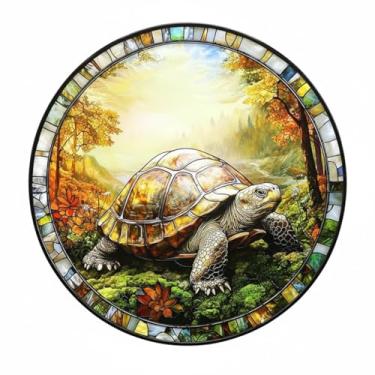 Imagem de Decoração de Parede em Vitral, Tartaruga em Paisagem Outonal, Arte Circular com Borda Mosaico, Peça Decorativa Iluminada