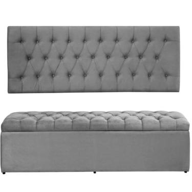 Imagem de Kit Painel Cabeceira Com Bau Calçadeira Dubai 1,93m Para Cama King Size Suede Cinza - Aurora Line