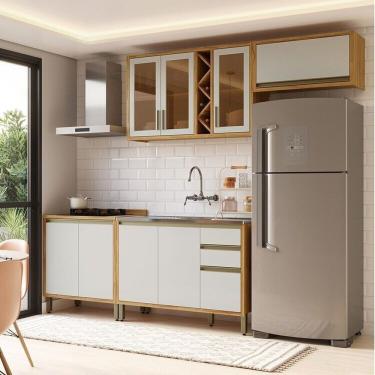 Imagem de Cozinha Modulada Compacta 4 Peças 8 Portas E 3 Gavetas 100% Mdf 280cm Barbados Espresso Móveis Amêndoa-off White