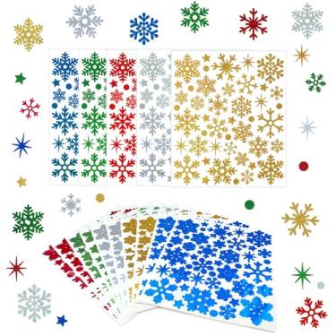 Imagem de FAZHBARY 440 peças de adesivos coloridos brilhantes de floco de neve pequenos adesivos de vinil de inverno adesivos de estrelas para envelopes selos caixa cartões decoração 10 folhas