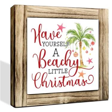 Imagem de Decoração de praia de Natal, Have Yourself A Beachy Little Christmas, decoração rústica de casa de fazenda, placa decorativa de mesa de madeira, presente de Natal engraçado para amigos da família 16 x
