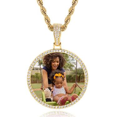 Imagem de QUNTING Colar de imagem com pingente de foto personalizado para homens, corrente de imagem redonda personalizada para mulheres, medalhão, hip hop, joias, faça você mesmo, crachá, chaveiro, bolsa