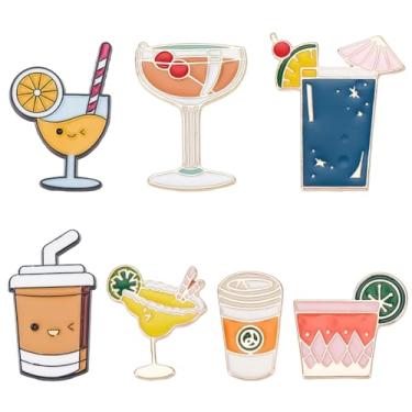 Imagem de SUNNYCLUE 1 caixa, 7 peças, 7 estilos, alfinetes de esmalte para bebidas, broches de verão a granel de liga metálica dourada para praia, coquetel, suco, café, bebidas, crachá, broches de lapela para